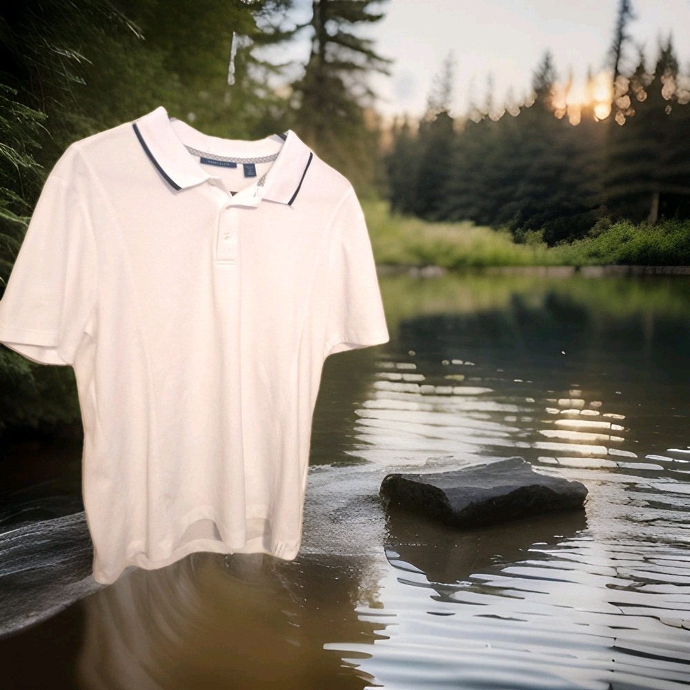 Perry Ellis  Golf Lg White Polo Shirt Sleeve Shirt W/ Black Trim On Collar 0042